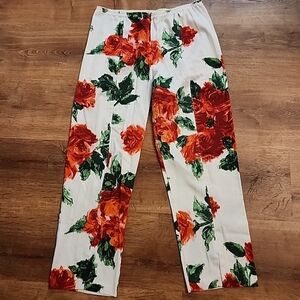 Mesmerize Mariel Floral Rose Print Pants Stretch Hi-Rise Front Zip & Ankle Slit